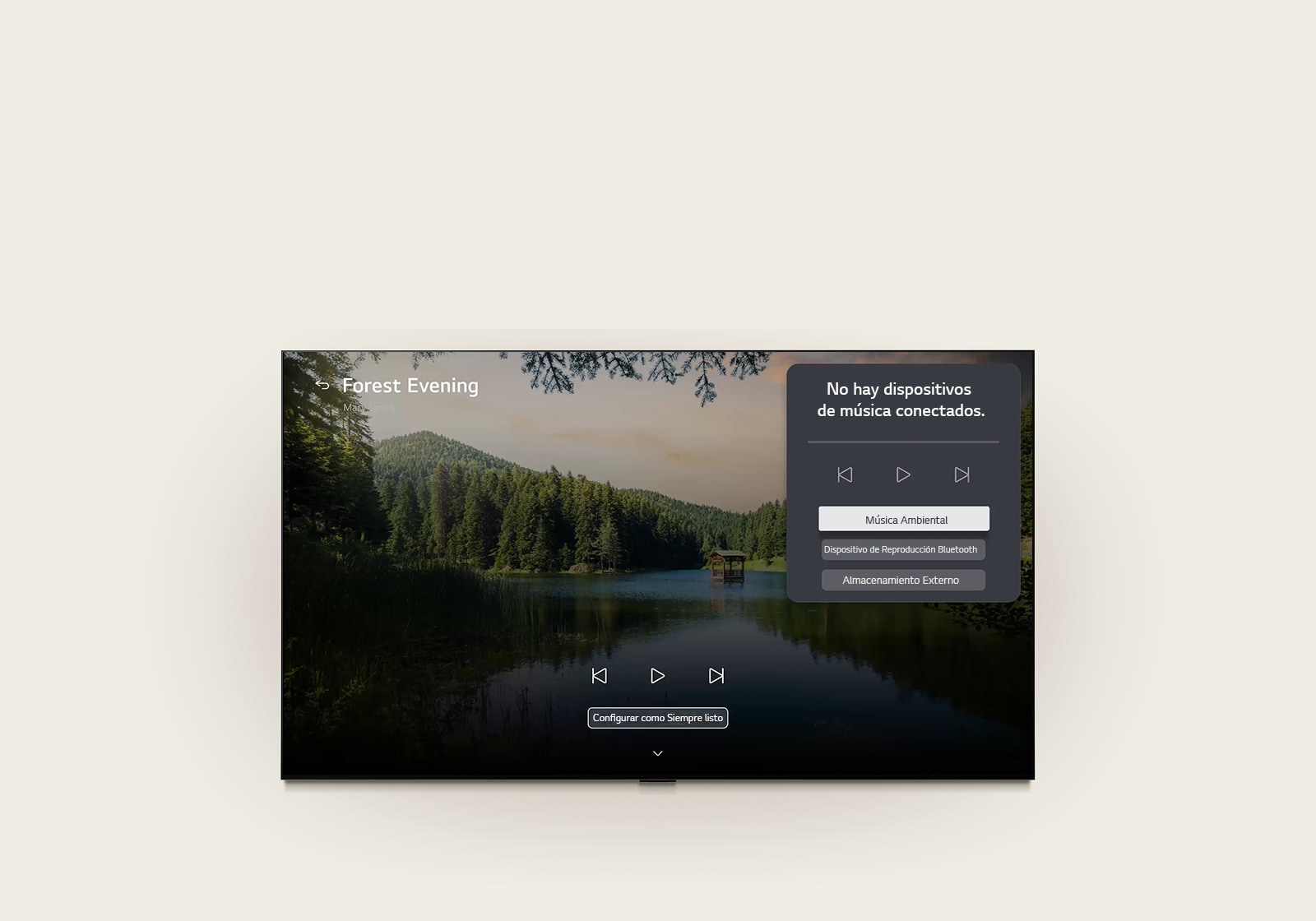 La Galería LG+ con música de fondo y sala de música del LG OLED evo AI G6 muestra la escena del lago en el bosque "Atardecer en el bosque" en pantalla, con un panel de interfaz de usuario visible para la sala de música con música ambiental, reproducción Bluetooth y controles.